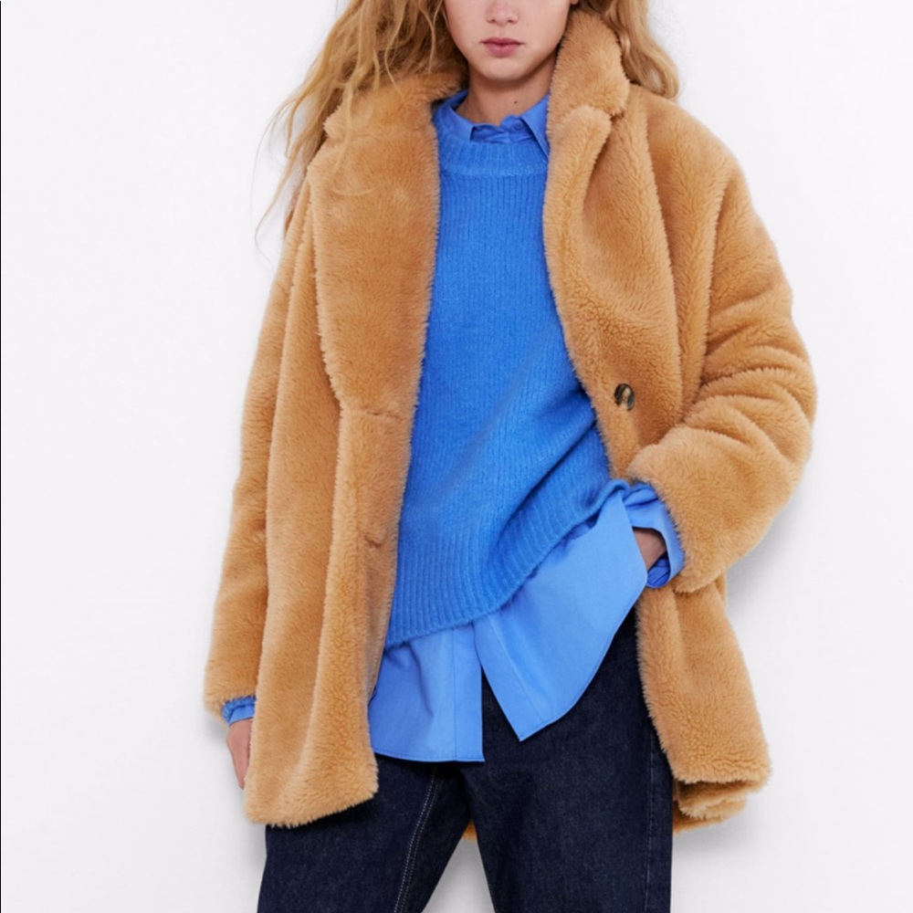 Zara Beige Fleece Soft Fuzzy Teddy Coat brown